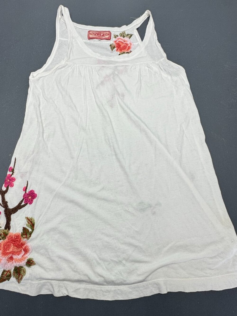 Owl 57 Womens Size Large White Floral Embroidered Sleeveless Tunic Tank Top Boho